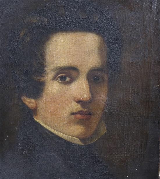 19th century Continental School, oil on canvas, portrait of a young man, 36 x 30cm, unframed